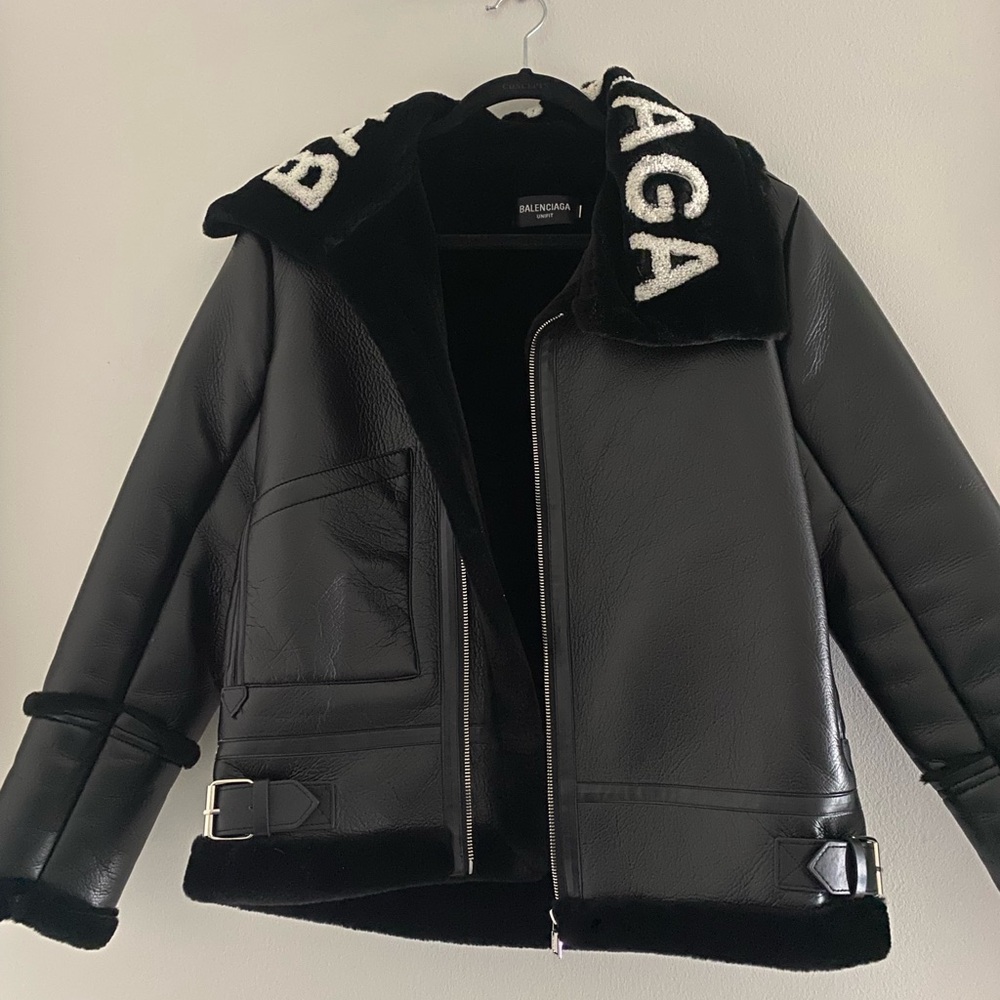 Balenciaga Black Leather Jacket with Logo Detail